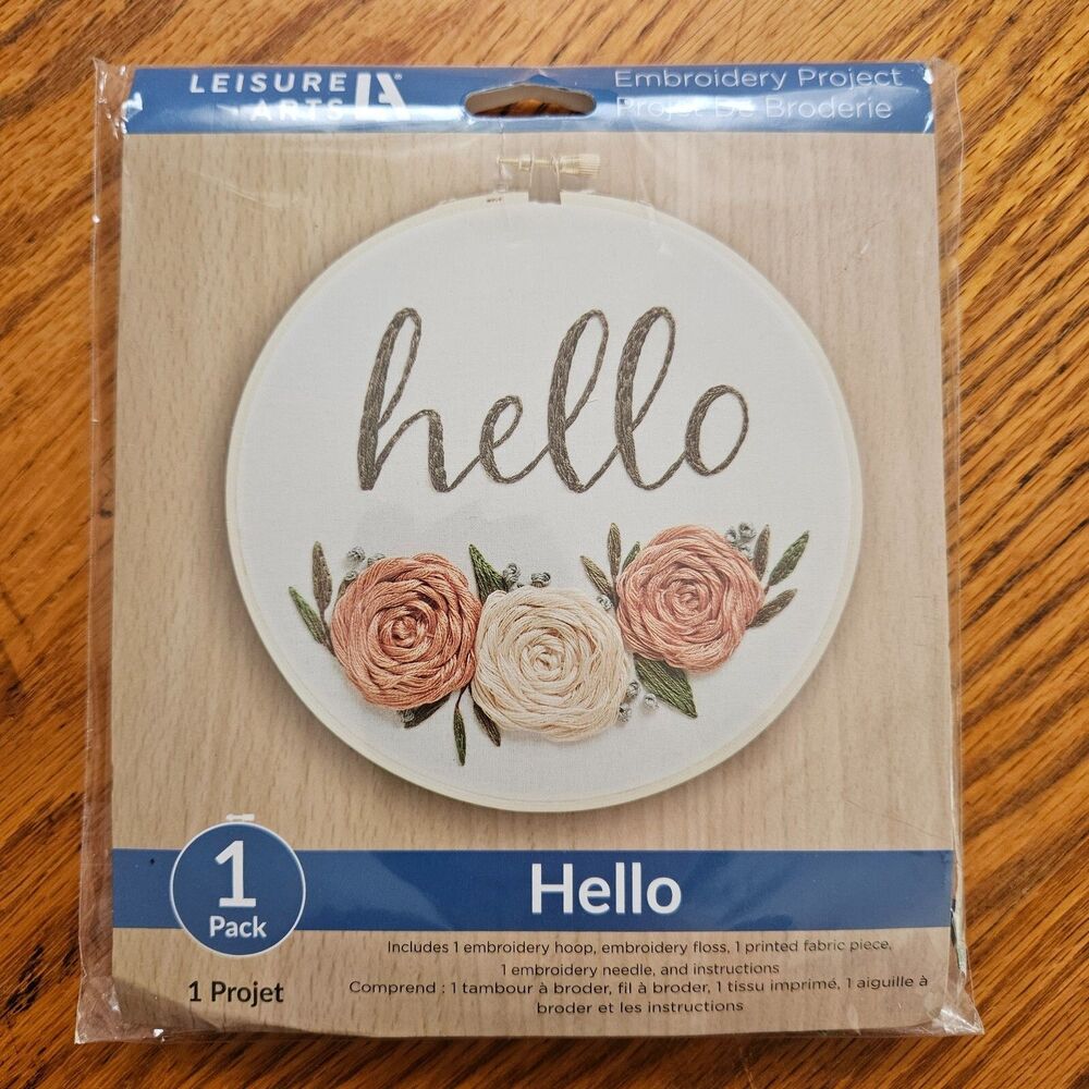Leisure Arts Embroidery Kit HELLO w/Flowers 6" Hoop Fabric Floss Needle NEW